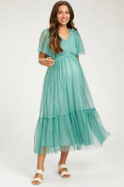 PinkBlush Light Olive Dotted Tulle Smocked Maternity Midi Dress