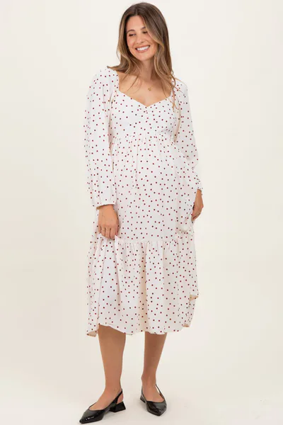 PinkBlush Cream Polka Dots Sweetheart Neck Maternity Midi Dress