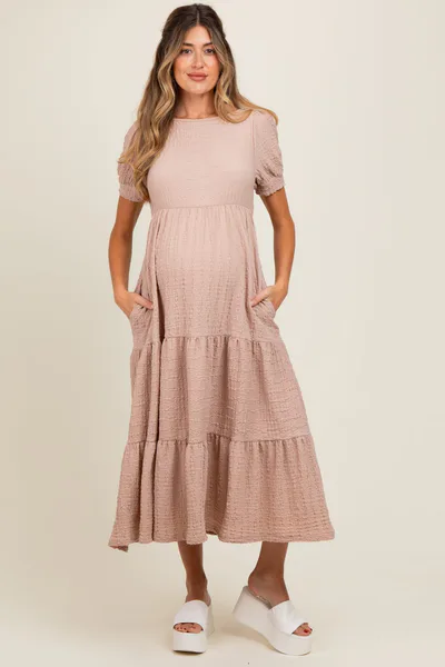 PinkBlush Mocha Solid Textured Tiered Shirt Sleeve Maternity Maxi Dress