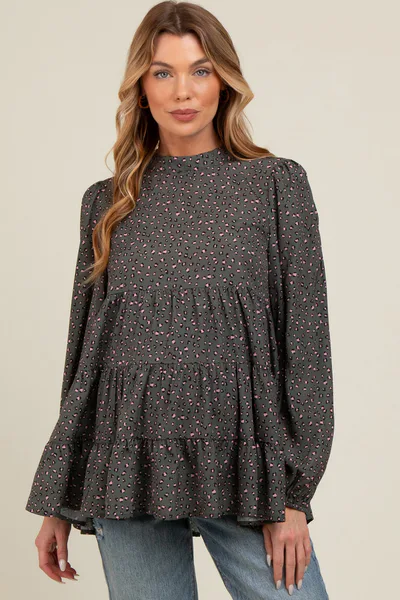 PinkBlush Olive Animal Print Mock Neck Tiered Maternity Top