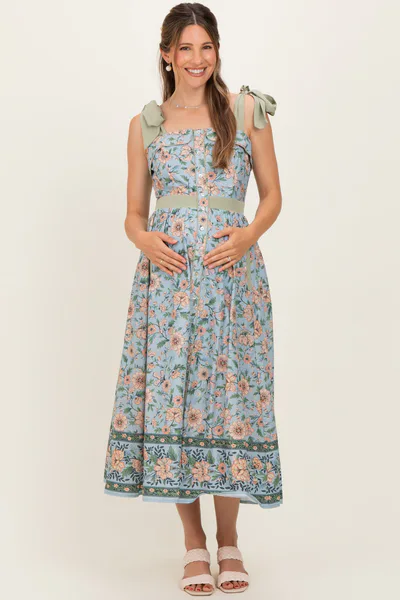 PinkBlush Dusty Blue Floral Shoulder Tie Button Down Maternity Midi Dress