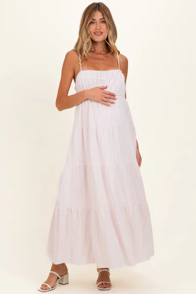 PinkBlush Pink Striped Empire Waist Tiered Maternity Midi Dress