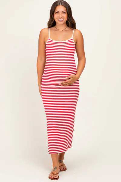 PinkBlush Red Striped Sleeveless Maternity Midi Dress