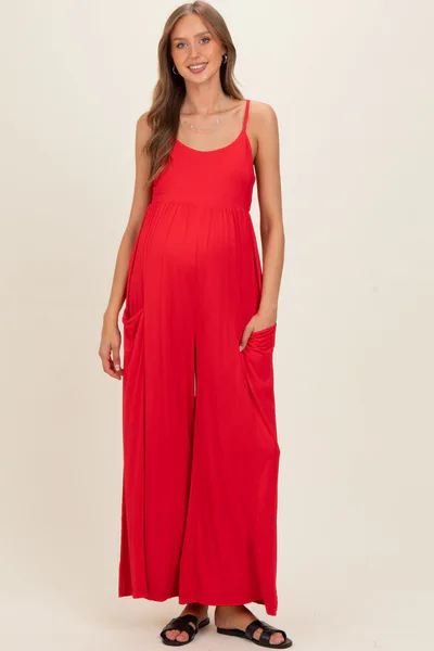 PinkBlush Red Sleeveless Wide Leg Maternity Jumpsuit