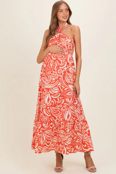 PinkBlush Coral Printed Halter Neck Keyhole Maternity Maxi Dress