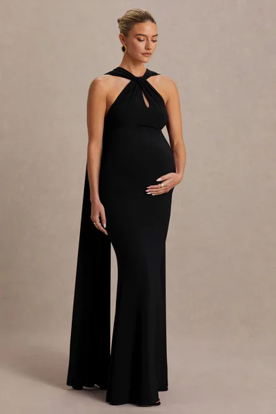 Club L London Lyra | Black Cross Halter-Neck Maternity Maxi Dress With Cape