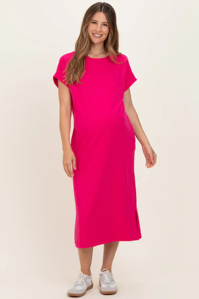 PinkBlush Fuchsia Pocket Front Maternity Midi T-Shirt Dress