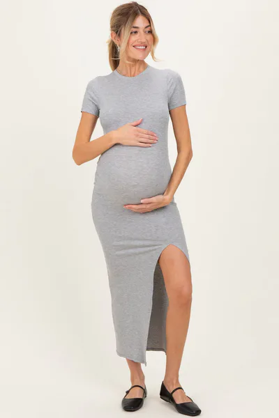 PinkBlush Heather Grey Short Sleeve High Slit Maternity Maxi Dress