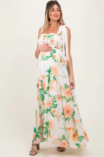 PinkBlush Peach Tropical Floral Shoulder Tie Maternity Maxi Dress