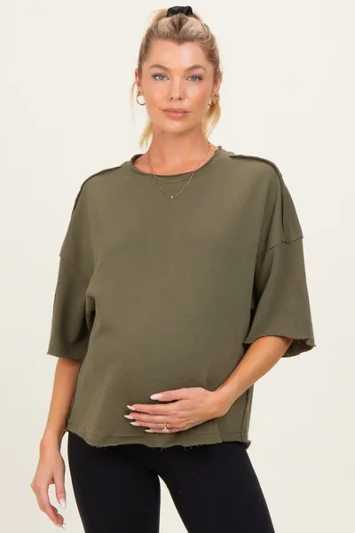 PinkBlush Olive Raw Cut Edge Maternity Boxy Tee