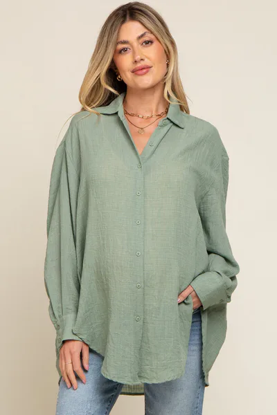 PinkBlush Green Lightweight Sheer Button Down Maternity Blouse