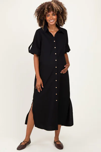 PinkBlush Black Side Slit Button Down Maternity Midi Dress