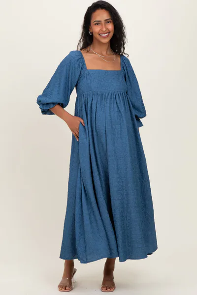 PinkBlush Blue Textured 3/4 Puff Sleeve Maternity Maxi Dress