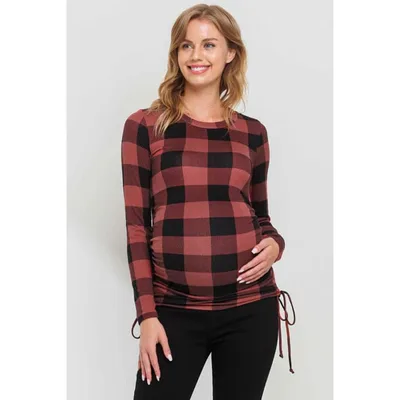 Target Hello Miz Women's Plaid Long Sleeve Side Ruched Maternity Top - Mauve - Medium