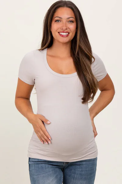 PinkBlush Light Taupe Ribbed Scoop Neck Short Sleeve Maternity Top