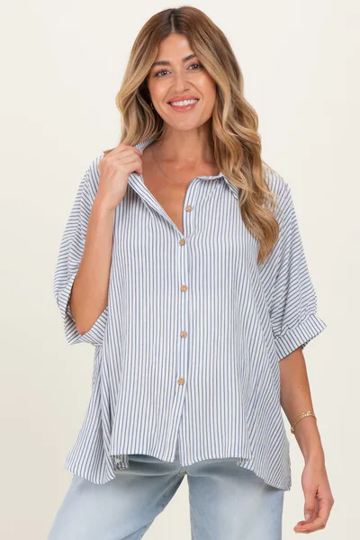 PinkBlush Blue Striped Boxy Button Down Maternity Top