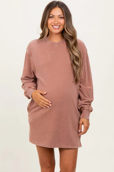 PinkBlush Light Taupe Mineral Wash Oversized Maternity Sweatshirt Mini Dress