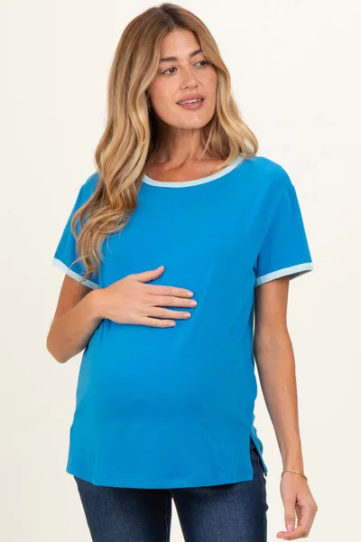 PinkBlush Blue Contrast Trim Boxy Fit Maternity Tee