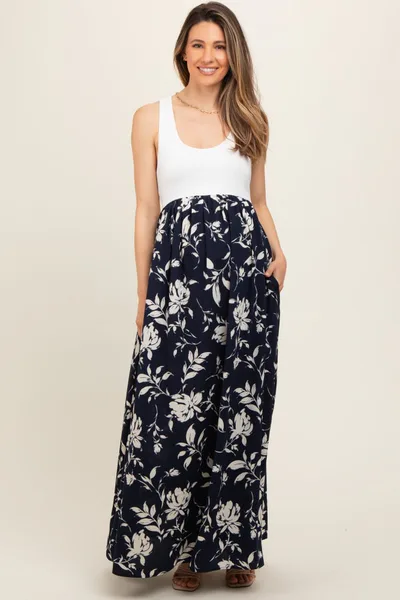 PinkBlush Navy Colorblock Floral Maternity Maxi Dress