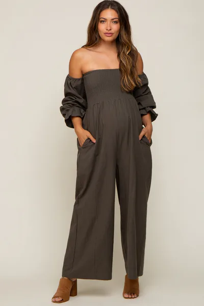 PinkBlush Olive Linen Smocked Off Shoulder Wide Leg Maternity Jumpsuit
