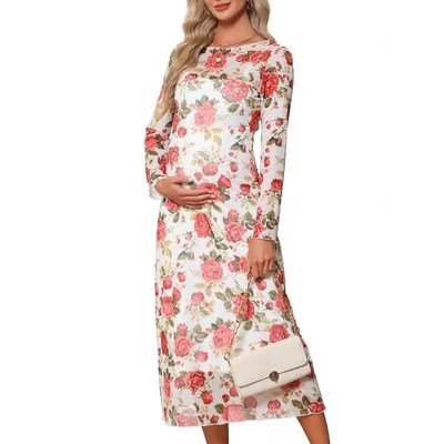 Target INSPIRE CHIC Women's 2 Pcs Maternity Dress Mesh Bodycon Wedding Guest Cocktail Party Pregnancy Dresses Medium White Floral