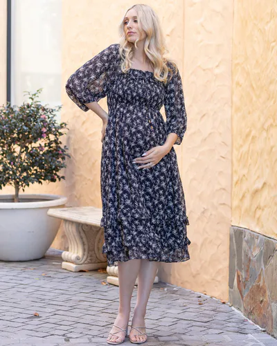 Angel Maternity Daisy Romantic Print Maternity Black Dress