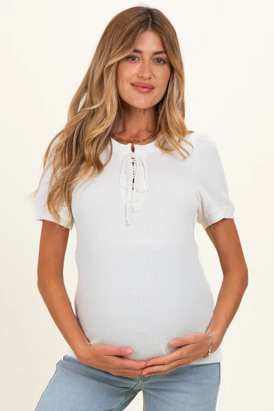 PinkBlush Ivory Waffle Knit Lace-Up Maternity Top
