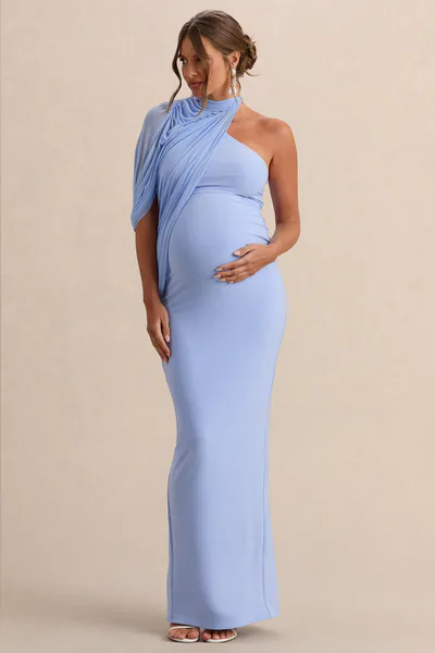 Club L London Merella | Light Blue High Neck Maternity Maxi Dress With Cape Sleeve