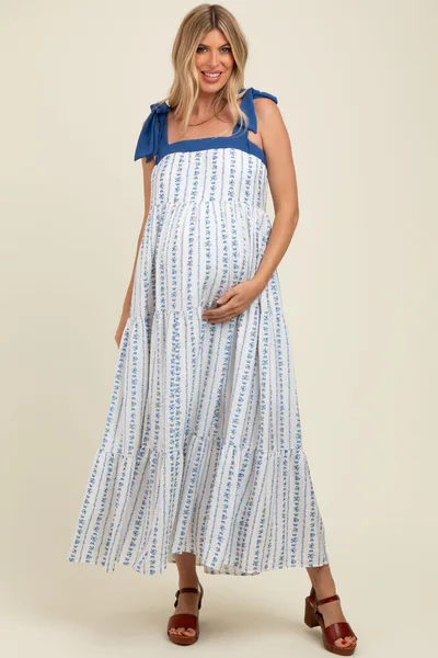 PinkBlush Blue/White Ditzy Floral Sleeveless Tiered Maternity Maxi Dress