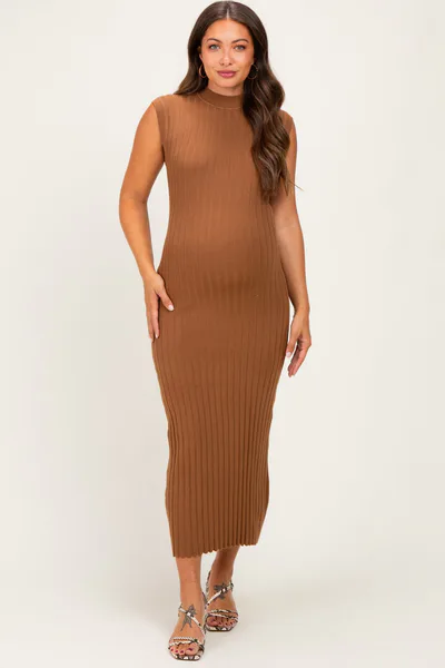 PinkBlush Mocha Ribbed Knit Mock Neck Maternity Maxi Dress