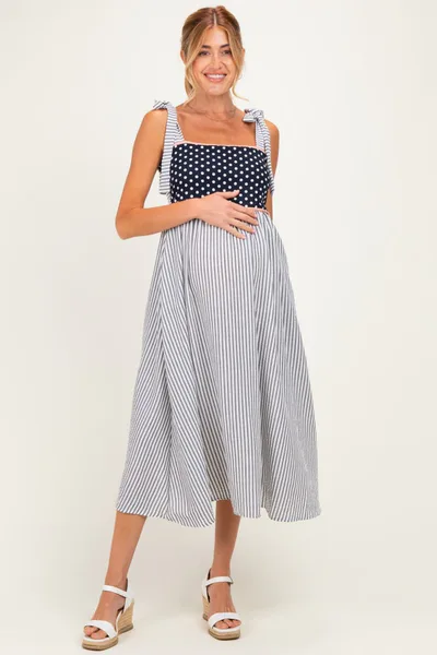 PinkBlush Navy Polka Dot Stripe Shoulder Tie Maternity Midi Dress