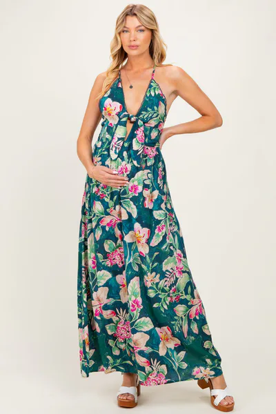 PinkBlush Deep Teal Floral Front Knot Open Back Maternity Maxi Dress