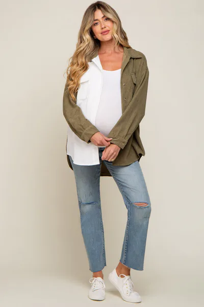 PinkBlush Olive Color Block Corduroy Button Down Maternity Top