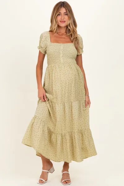 PinkBlush Light Sage Tiny Floral Smocked Puff Sleeve Maternity Maxi Dress