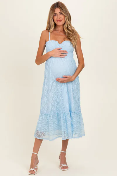 PinkBlush Light Blue Sleeveless Lace Maternity Maxi Dress