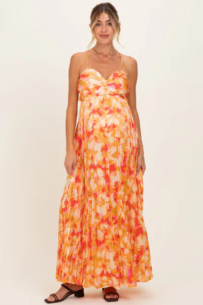 PinkBlush Orange Floral Pleated Sleeveless Maternity Maxi Dress