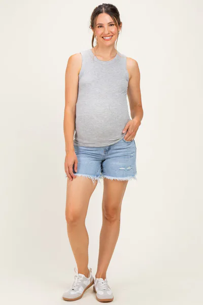 PinkBlush Light Blue Distressed Fringe Hem Maternity Denim Midi Short