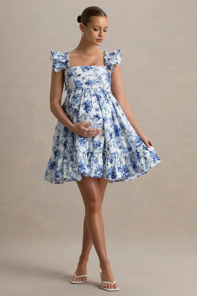 Club L London Dolly Daze | Blue Floral Print Ruffle Sleeve Babydoll Maternity Mini Dress