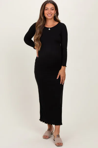 PinkBlush Black Knit Side Slit Lettuce Trim Maternity Maxi Dress