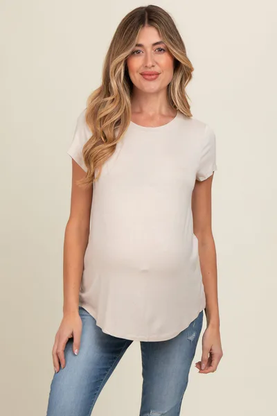 PinkBlush Beige Basic Short Sleeve Maternity Top