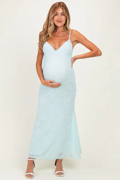 PinkBlush Mint Floral Sleeveless V-Neck Maternity Maxi Dress