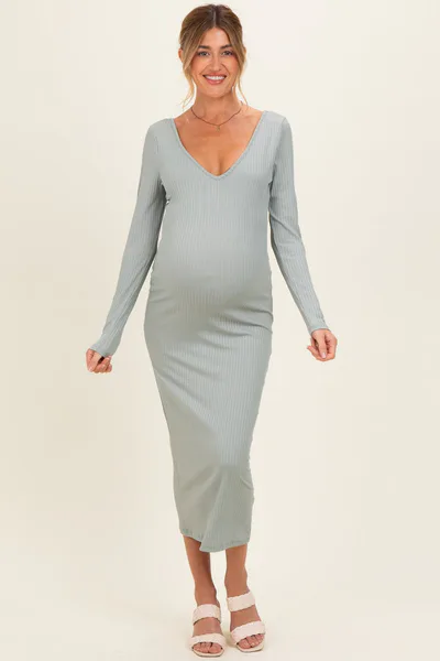 PinkBlush New Sage V-Neck Long Sleeve Fitted Maternity Maxi Dress