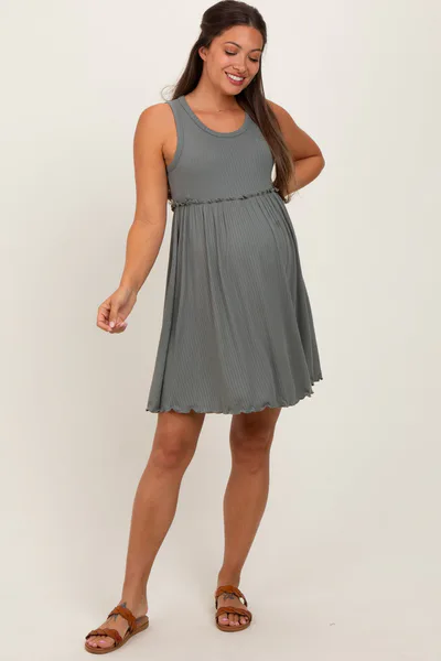 PinkBlush Olive Ribbed Sleeveless Lettuce Trim Maternity Mini Dress