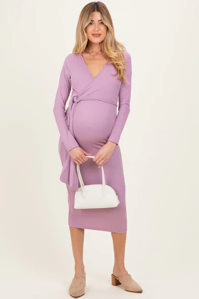 PinkBlush Plum Ribbed Long Sleeve Maternity Wrap Dress