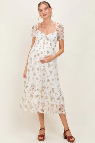 PinkBlush Ivory Floral Lace Overlay Puff Sleeve Maternity Midi Dress
