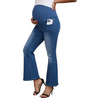 Target INSPIRE CHIC Women's Maternity Jeans Bootcut Leg Ripped High Stretchy Over the Belly Pregnant Flare Denim Pants Casual Small Blue