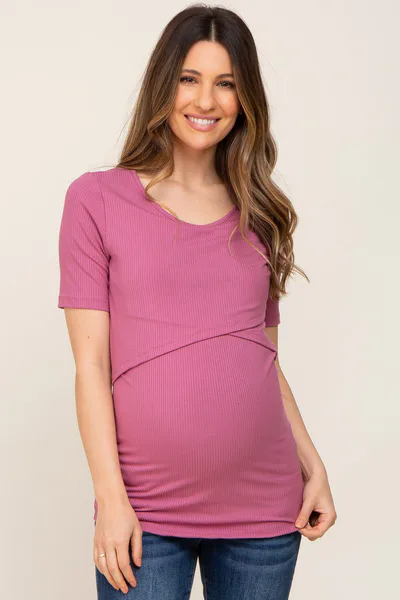 PinkBlush Mauve Ribbed Wrap Front Maternity/Nursing Top