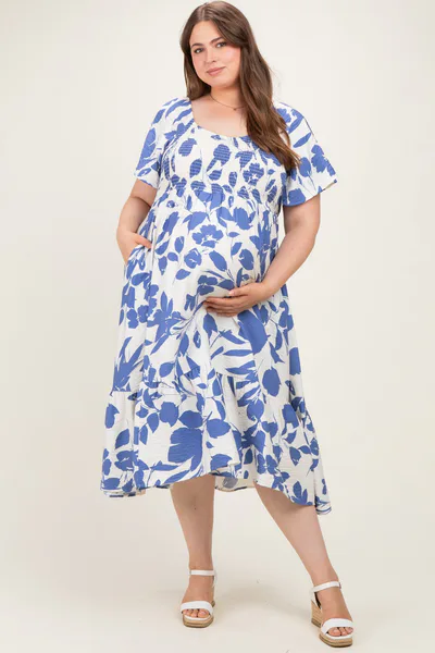 PinkBlush Blue Ivory Plus Sweetheart Smocked Front Floral Maternity Maxi Dress