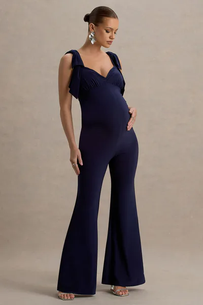 Club L London Impeccable | Navy Sweetheart Bow Strap Maternity Jumpsuit