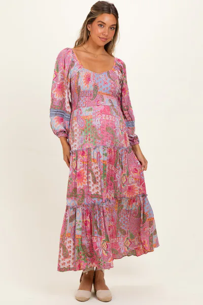 PinkBlush Pink Patchwork Print Smocked Tiered Maternity Maxi Dress